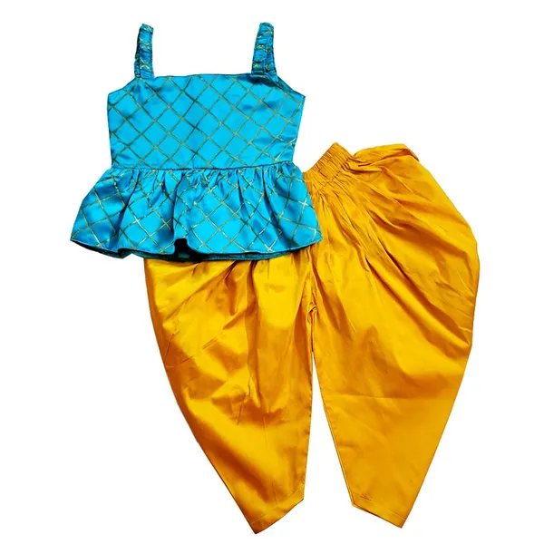 Teal_Blue_Premium_Peplum_Dhoti_Set_For_Kids