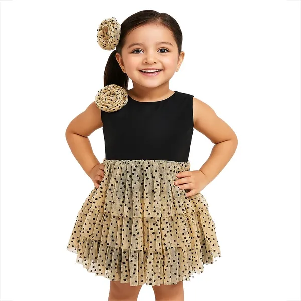 Black_Premium_Flock_Net_Fit_&_Flare_Tiered_Dress_For_Kids