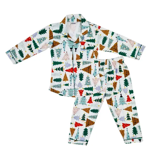 X_Mas_Tree_Print_White_Premium_Cotton_Flannel_Long_Sleeve_Night_Suit_For_Kids