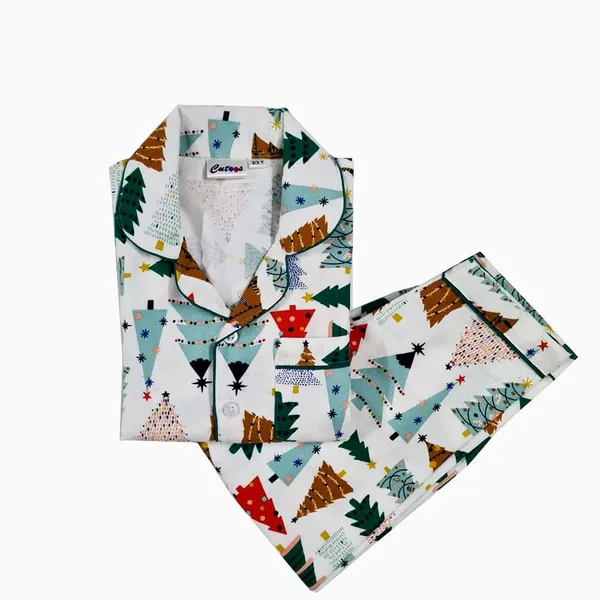 X_Mas_Tree_Print_White_Premium_Cotton_Flannel_Long_Sleeve_Night_Suit_For_Kids