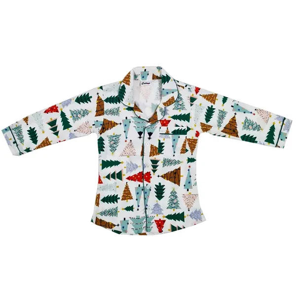 X_Mas_Tree_Print_White_Premium_Cotton_Flannel_Long_Sleeve_Night_Suit_For_Kids