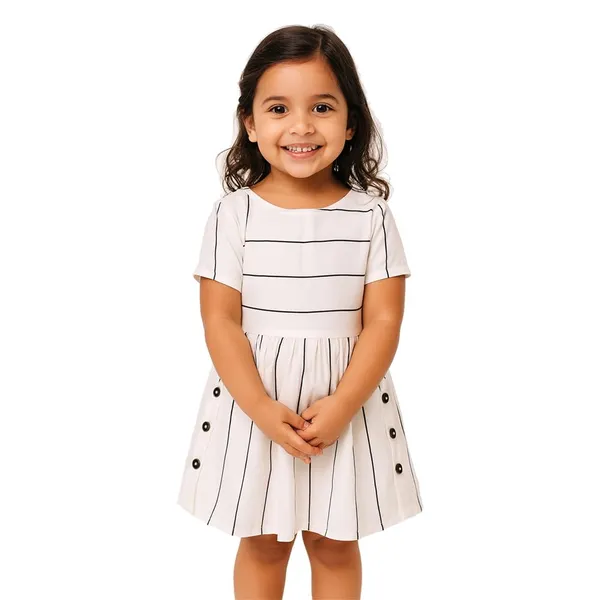 White_Premium_Striped_Side_Buttoned_Fit_And_Flare_Dress_For_Kids