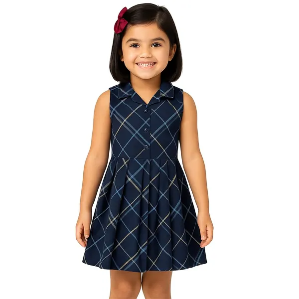 Blue_Abstract_Print_Knee_Length_Fit_And_Flare_Sleeveless_Collar_Dress_For_Kids