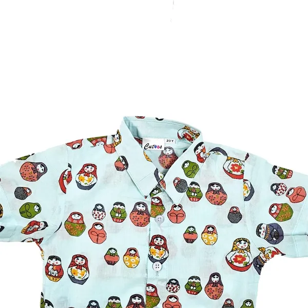Doll_Print_Blue_Knotted_Collar_Shirt_For_Girls