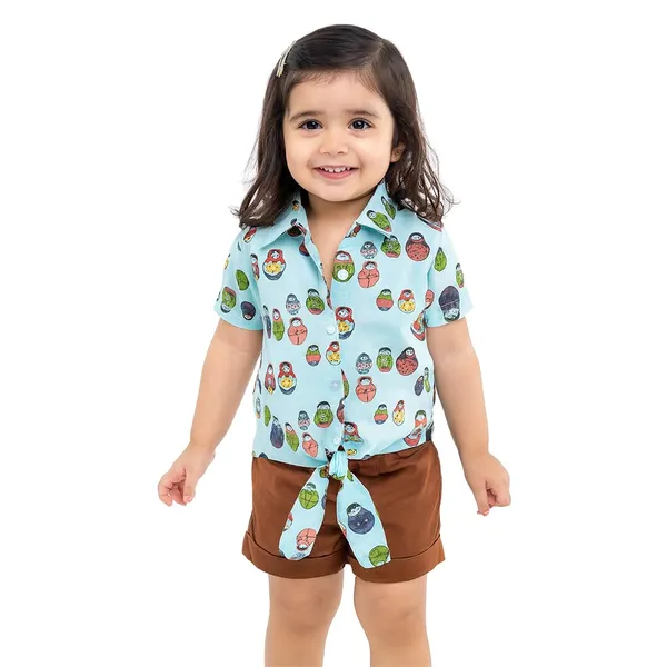Doll_Print_Blue_Knotted_Collar_Shirt_For_Girls