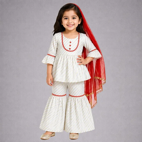 White_And_Gold_Premium_Stripes_Peplum_Sharara_Set_For_Kids