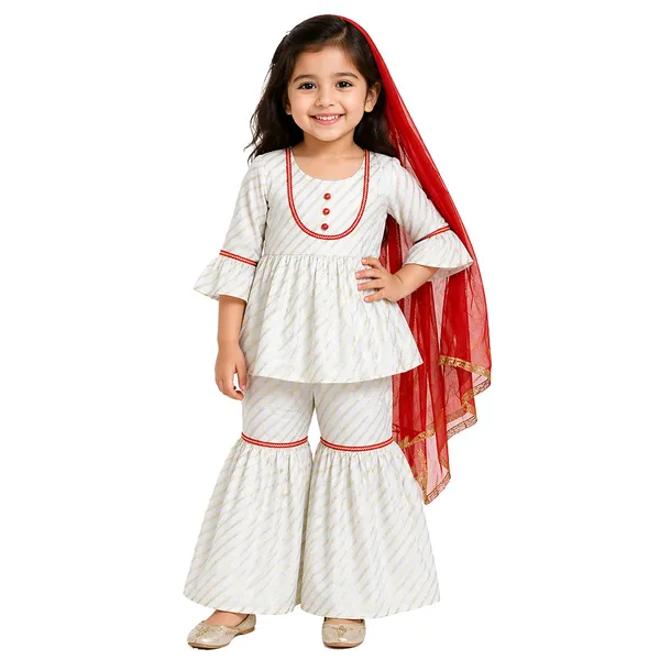 White_And_Gold_Premium_Stripes_Peplum_Sharara_Set_For_Kids