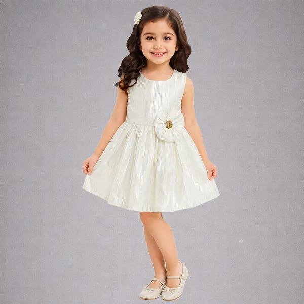 White_Lurex_Sleeveless_Fit_&_Flare__Party_Dress_with_Floral_Waist_Appliqu√©