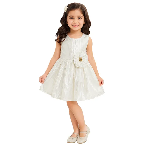 White_Lurex_Sleeveless_Fit_&_Flare__Party_Dress_with_Floral_Waist_Appliqu√©