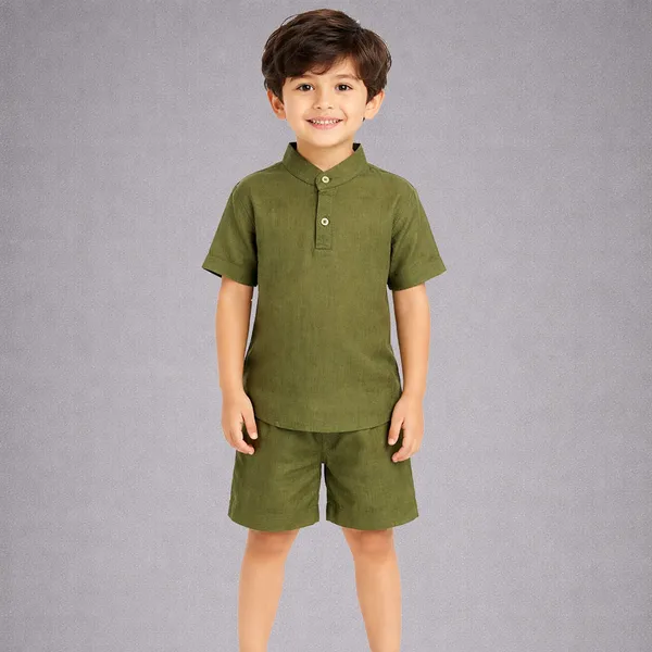 Olive_Green_Half_Sleeves_Shirt_And_Shorts_Set_For_Kids