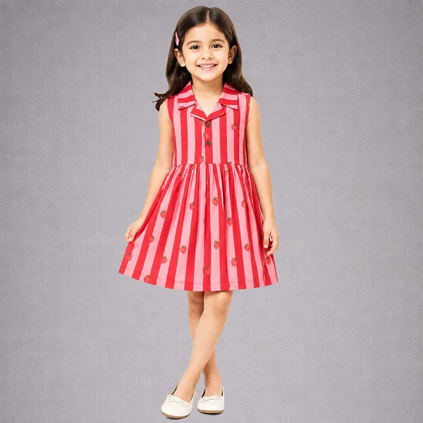 Strawberry_Print_Red_Fit_And_Flare_Collar_Dress_For_Kids