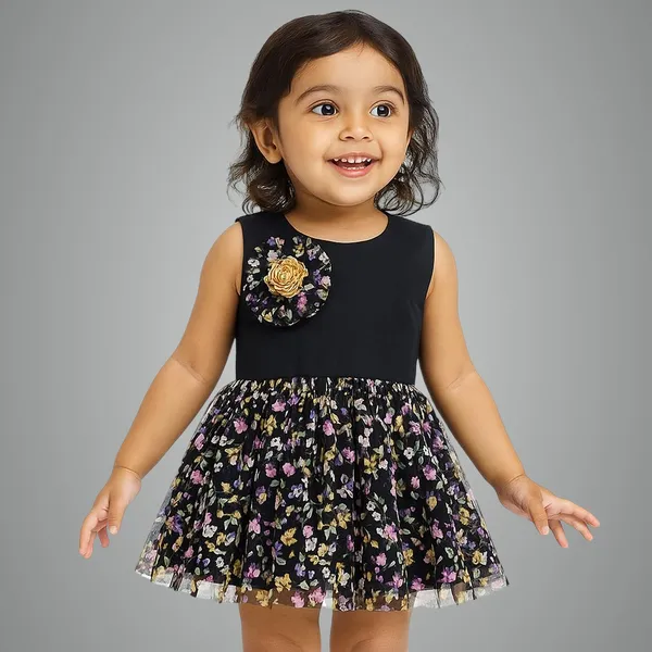 Black_Premium_Net_Floral_Print_Fit_&_Flare_Dress_For_Kids