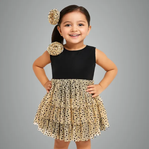 Black_Premium_Flock_Net_Fit_&_Flare_Tiered_Dress_For_Kids
