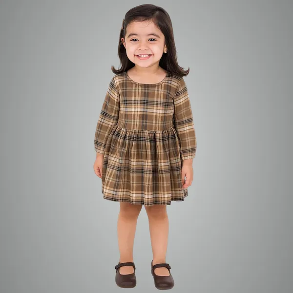 Brown_Premium_Twill_Check_Flannel_Winter_Fit_And_Flare_Dress_For_Kids