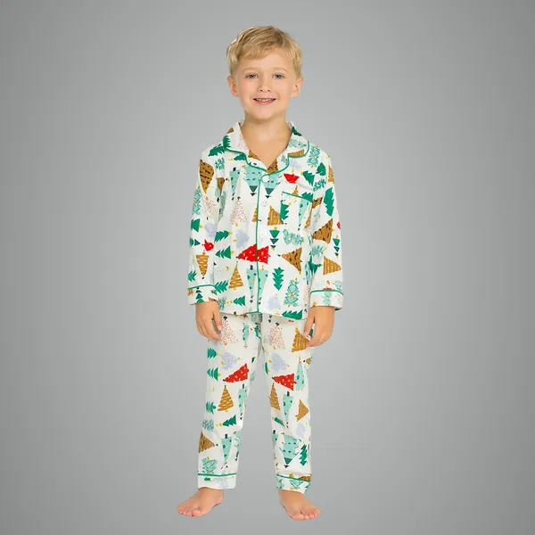 X_Mas_Tree_Print_White_Premium_Cotton_Flannel_Long_Sleeve_Night_Suit_For_Kids
