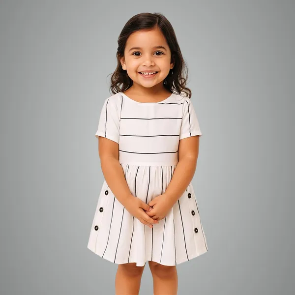 White_Premium_Striped_Side_Buttoned_Fit_And_Flare_Dress_For_Kids
