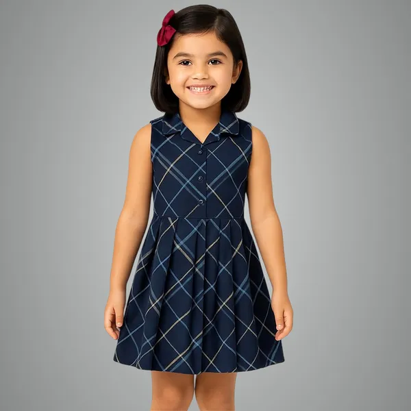 Blue_Abstract_Print_Knee_Length_Fit_And_Flare_Sleeveless_Collar_Dress_For_Kids