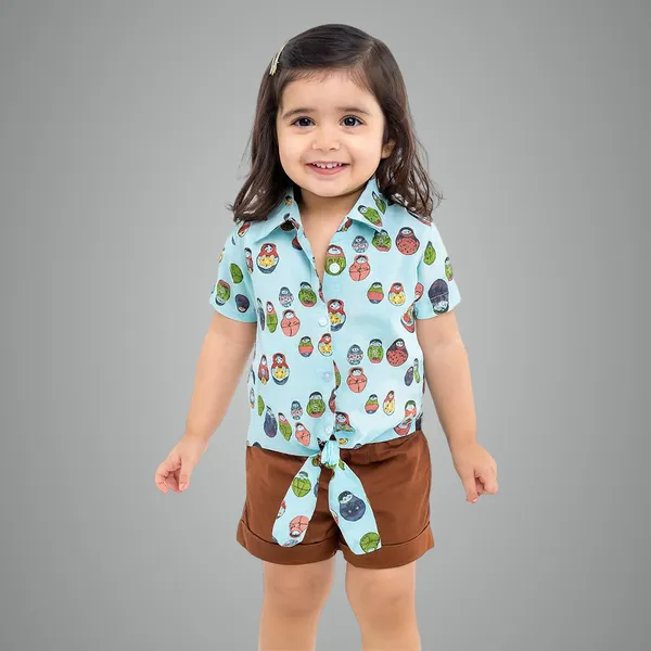 Doll_Print_Blue_Knotted_Collar_Shirt_For_Girls