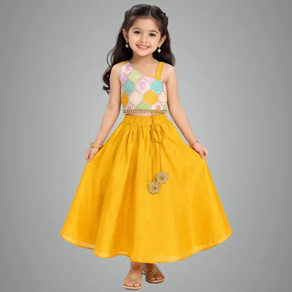 Mustard_Premium_Brocade_Crop_Top_With_Lehenga_For_Kids