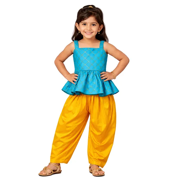 Teal_Blue_Premium_Peplum_Dhoti_Set_For_Kids