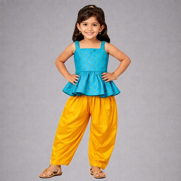 Teal_Blue_Premium_Peplum_Dhoti_Set_For_Kids