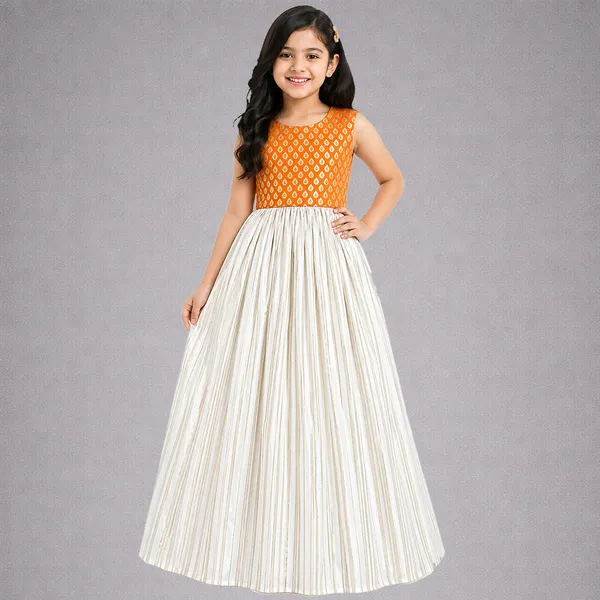 Orange_Premium_Stripes_Readymade_Lehenga_Choli_Set_For_Kids