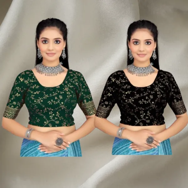 Black_&_Green_Velvet_Premium_Fancy_Blouse_For_Women_(Pack_Of_2)