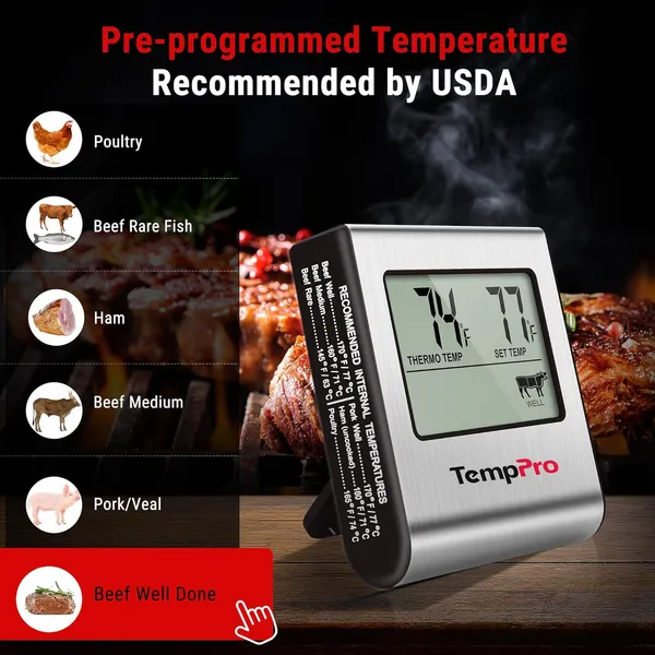 Silver_Tp-16_Large_Lcd_Digital_Cooking_Kitchen_Thermometer_For_Food,_Bbq,_Grill,_Meat,_Oven,_Smoker_With_Stainless_Steel_Step-Down_Probe_And_Built_In_Clock_Timer