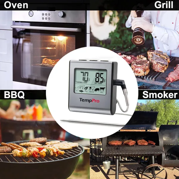 Silver_Tp-16_Large_Lcd_Digital_Cooking_Kitchen_Thermometer_For_Food,_Bbq,_Grill,_Meat,_Oven,_Smoker_With_Stainless_Steel_Step-Down_Probe_And_Built_In_Clock_Timer
