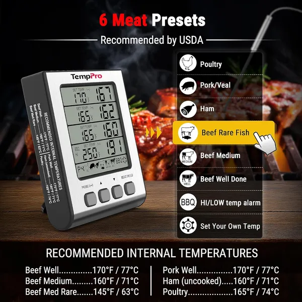 Silver_Plastic_Tp17H_Digital_Meat_Thermometer_With_4_Temperature_Probes,Hi/Low_Alarm_Smoker_Food_Thermometer_With_Colored_Backlit_Lcd,Bbq_For_Cooking_Grilling_Kitchen_Oven_Barbecue_Turkey