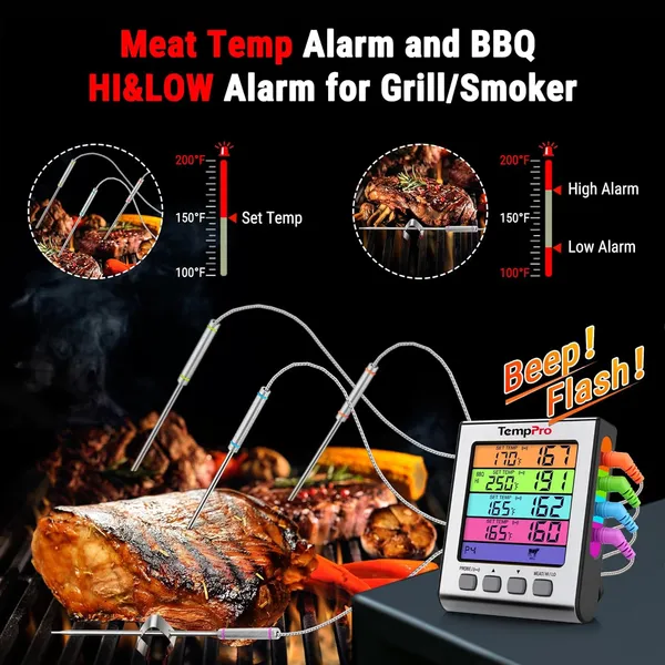 Silver_Plastic_Tp17H_Digital_Meat_Thermometer_With_4_Temperature_Probes,Hi/Low_Alarm_Smoker_Food_Thermometer_With_Colored_Backlit_Lcd,Bbq_For_Cooking_Grilling_Kitchen_Oven_Barbecue_Turkey