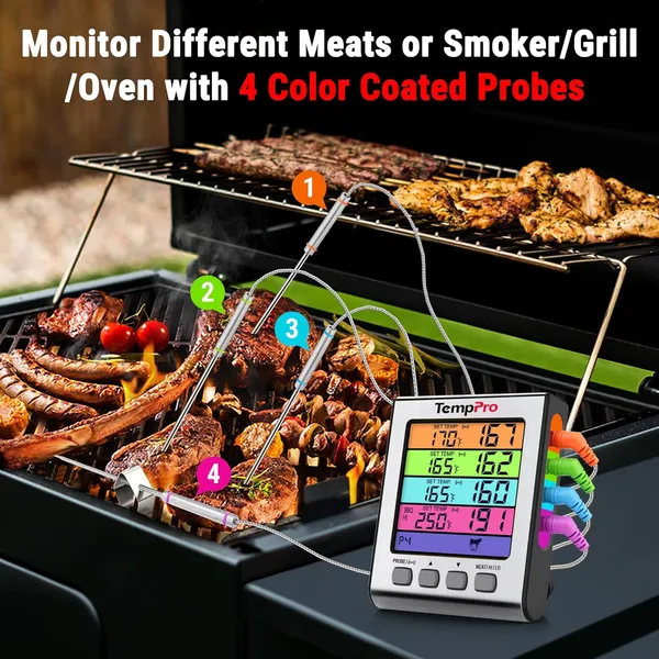 Silver_Plastic_Tp17H_Digital_Meat_Thermometer_With_4_Temperature_Probes,Hi/Low_Alarm_Smoker_Food_Thermometer_With_Colored_Backlit_Lcd,Bbq_For_Cooking_Grilling_Kitchen_Oven_Barbecue_Turkey