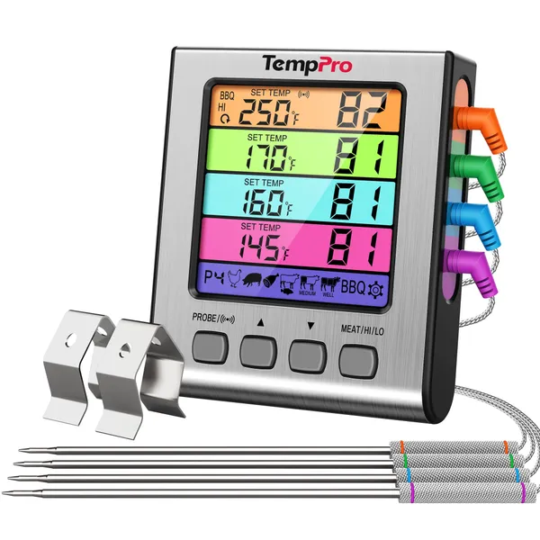 Silver_Plastic_Tp17H_Digital_Meat_Thermometer_With_4_Temperature_Probes,Hi/Low_Alarm_Smoker_Food_Thermometer_With_Colored_Backlit_Lcd,Bbq_For_Cooking_Grilling_Kitchen_Oven_Barbecue_Turkey
