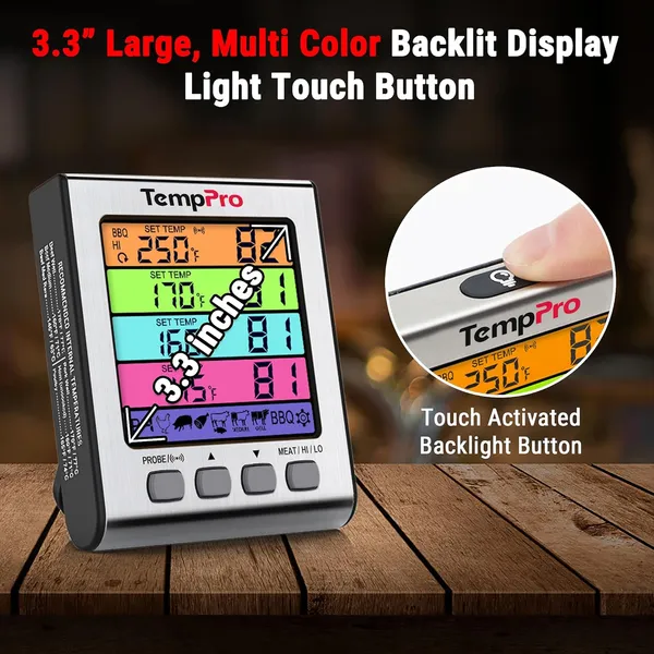 Silver_Plastic_Tp17H_Digital_Meat_Thermometer_With_4_Temperature_Probes,Hi/Low_Alarm_Smoker_Food_Thermometer_With_Colored_Backlit_Lcd,Bbq_For_Cooking_Grilling_Kitchen_Oven_Barbecue_Turkey