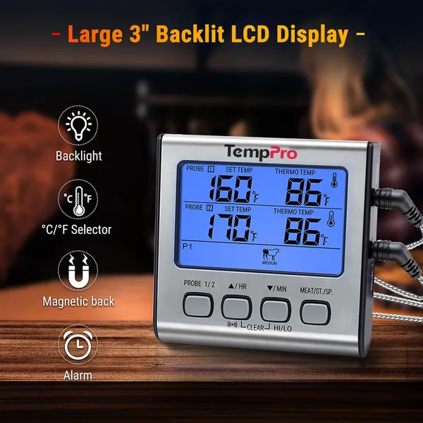 Silver_Tp-17_Dual_Probe_Digital_Cooking_Meat_Large_Lcd_Backlight_Food_Grill_Thermometer_With_Timer_Mode_For_Smoker_Kitchen_Oven_Bbq,_Silver