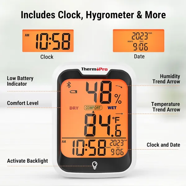Orange_Tp358_Bluetooth_Thermometer_For_Room_Temperature_With_Built-In_Clock,_Smart_Temperature_Sensor_And_Humidity_Meter_With_Backlit,_260Ft_Hygrometer_Indoor_Thermometer_For_Home_Greenhouse