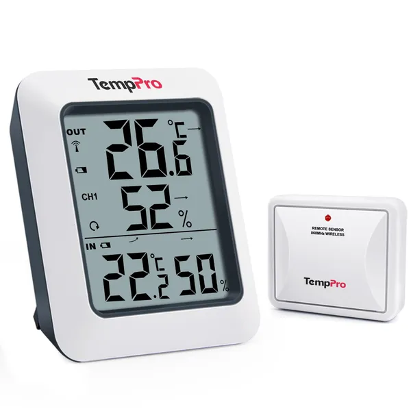 White_Tp-60S_Digital_Hygrometer_Indoor_Outdoor_Thermometer_Humidity_Monitor,_With_Temperature_Gauge_Meter,_Wireless,_200Ft/60M_Range,_White