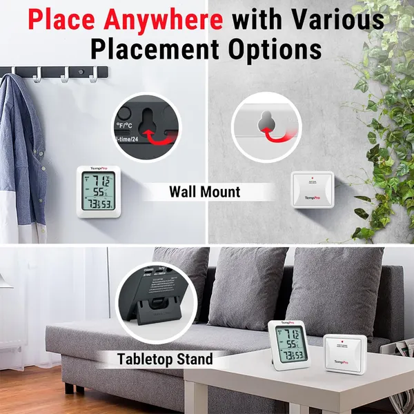 White_Tp-60S_Digital_Hygrometer_Indoor_Outdoor_Thermometer_Humidity_Monitor,_With_Temperature_Gauge_Meter,_Wireless,_200Ft/60M_Range,_White