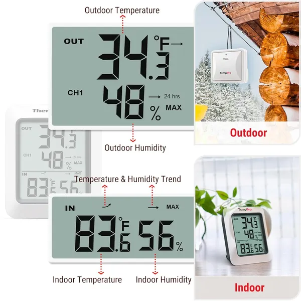 White_Tp-60S_Digital_Hygrometer_Indoor_Outdoor_Thermometer_Humidity_Monitor,_With_Temperature_Gauge_Meter,_Wireless,_200Ft/60M_Range,_White