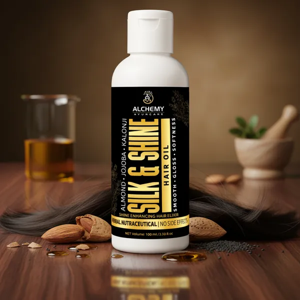 Silk_&_Shine_Hair_Oil_with_Almond,_Jojoba_&_Kalonji_Oil_–_Natural_Herbal_Hair_Oil_for_Smooth,_Soft_&_Shiny_Hair_|_Controls_Frizz_&_Nourishes_Hair_|_Raw_Oil_No_Artificial_Fragrance_|_Alchemy_Ayurcare_100_ml
