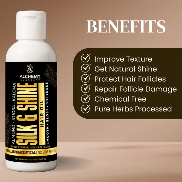 Silk_&_Shine_Hair_Oil_with_Almond,_Jojoba_&_Kalonji_Oil_–_Natural_Herbal_Hair_Oil_for_Smooth,_Soft_&_Shiny_Hair_|_Controls_Frizz_&_Nourishes_Hair_|_Raw_Oil_No_Artificial_Fragrance_|_Alchemy_Ayurcare_100_ml