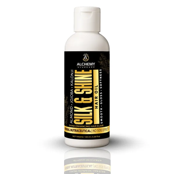 Silk_&_Shine_Hair_Oil_with_Almond,_Jojoba_&_Kalonji_Oil_–_Natural_Herbal_Hair_Oil_for_Smooth,_Soft_&_Shiny_Hair_|_Controls_Frizz_&_Nourishes_Hair_|_Raw_Oil_No_Artificial_Fragrance_|_Alchemy_Ayurcare_100_ml