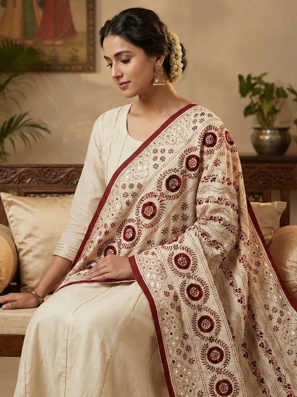 Handcrafted_Charm_Cream_Tussar_Silk_Dupatta_With_Maroon_Kantha_Work_Sequins