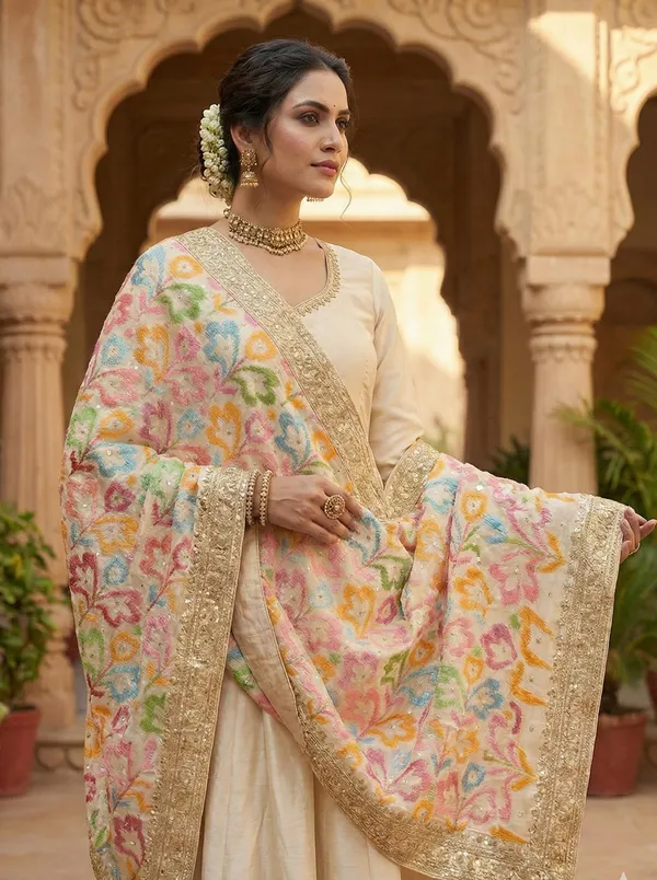 Cream_Chinon_Silk_Dupatta_With_Multicolor_Ikat_Style_Embroidery_Zari_Border