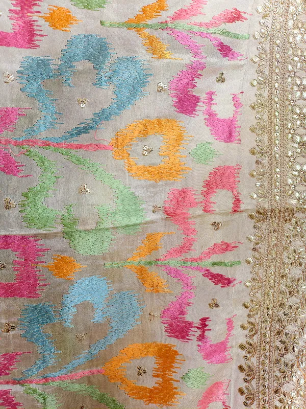 Cream_Chinon_Silk_Dupatta_With_Multicolor_Ikat_Style_Embroidery_Zari_Border