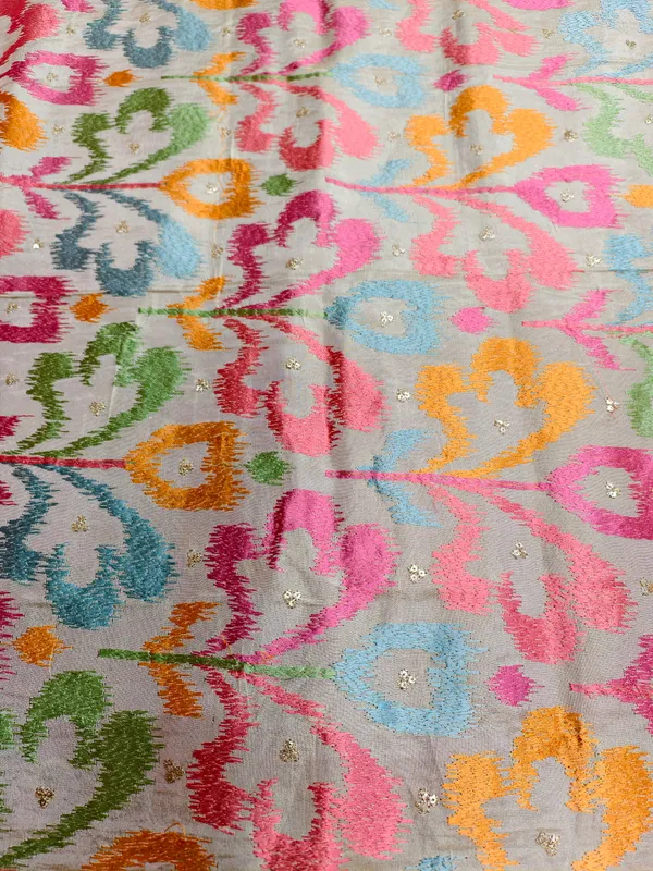 Cream_Chinon_Silk_Dupatta_With_Multicolor_Ikat_Style_Embroidery_Zari_Border