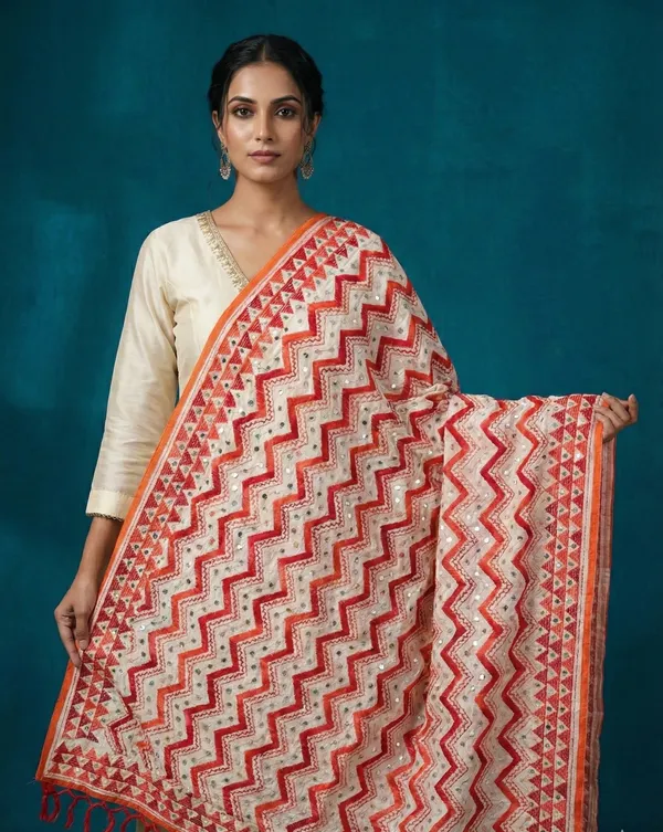 Red_White_Chevron_Zigzag_Embroidered_Dupatta_With_Mirror_Work