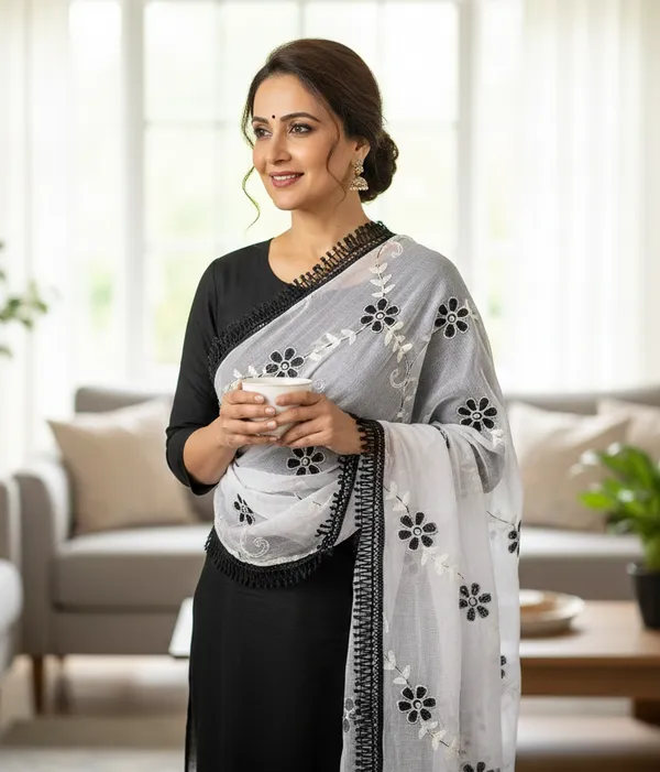 Black_White_Floral_Embroidered_Georgette_Dupatta_With_Tassel_Border