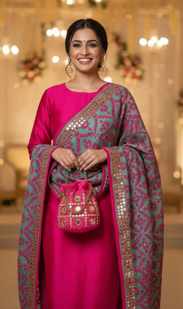 The_Festive_Fusion_Combo_Aqua_Mint_Dupatta_With_Magenta_Pink_Threadwork_Gold_Sequin_Border_Matching_Potli_Bag