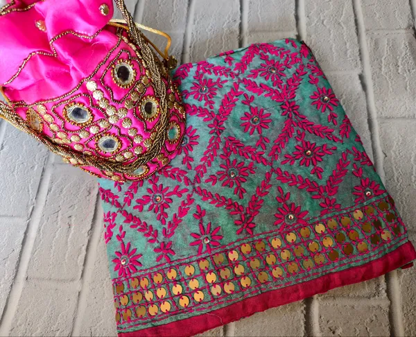 The_Festive_Fusion_Combo_Aqua_Mint_Dupatta_With_Magenta_Pink_Threadwork_Gold_Sequin_Border_Matching_Potli_Bag
